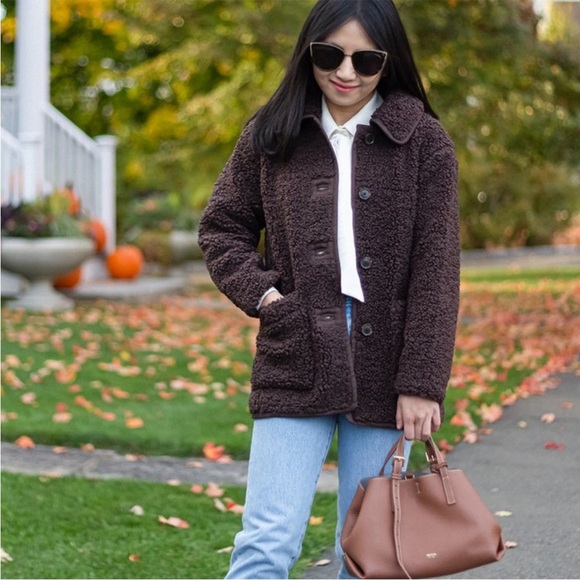 NWT J. Crew Womens Teddy Sherpa Jacket Chocolate Brown Button Front, Size Medium - Picture 1 of 12